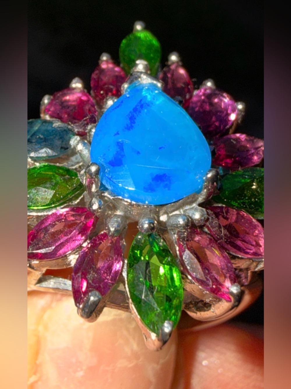 Artisan 925 Floral Ring: Natural Blue Opal & Garnet Diopside Blue topaz Sz7.5